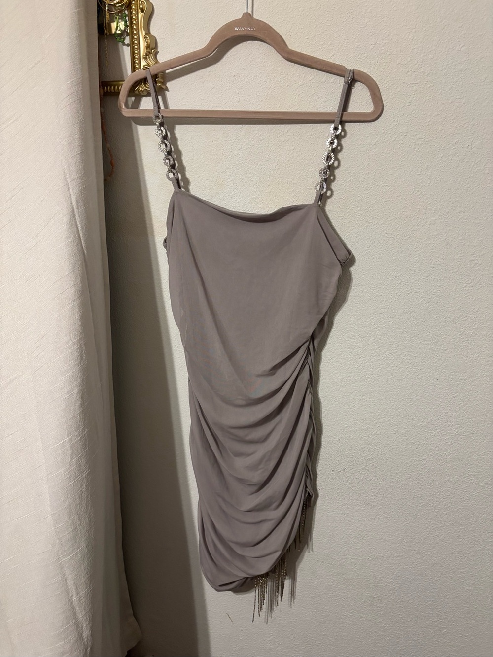 Justify Taupe Chain-Trim Ruched Mini Dress